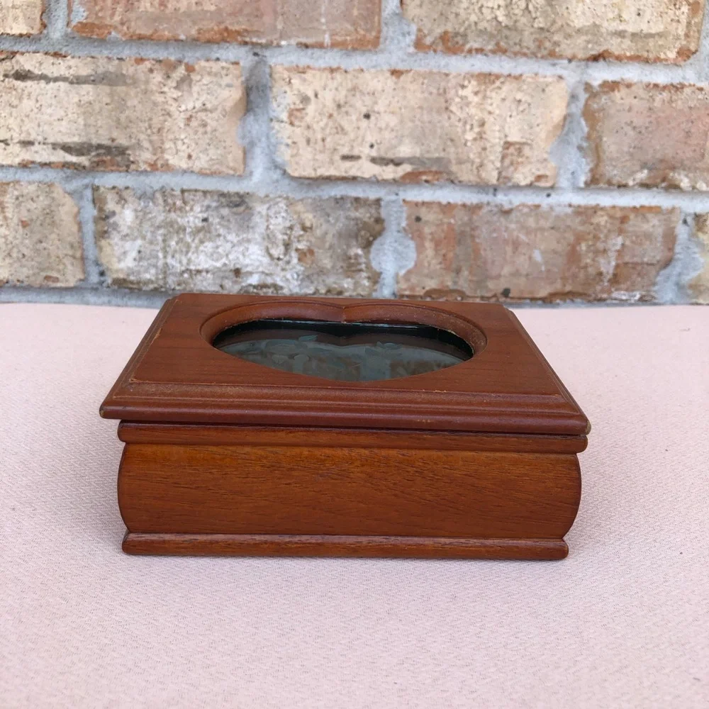 Vintage Solid Wood Small Jewelry Box, Heart Shape Etched Glass Window, Padded